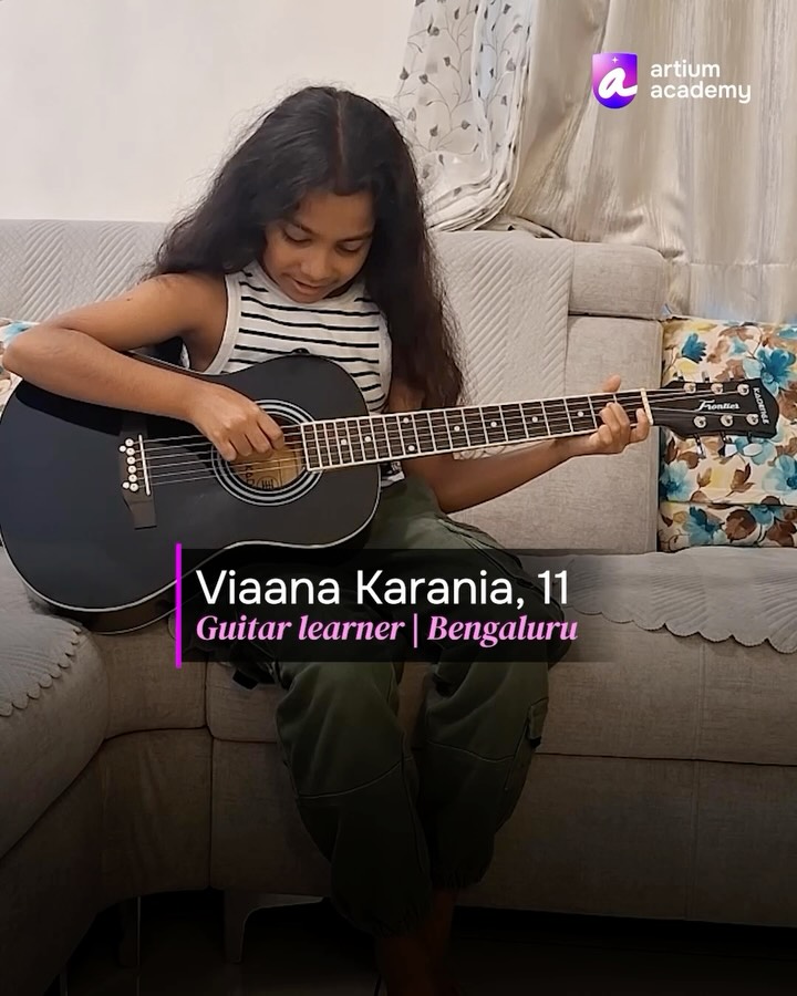 Our 11-year-old learner @viaana_beats is learning guitar at Artium, and live 1:1 classe…